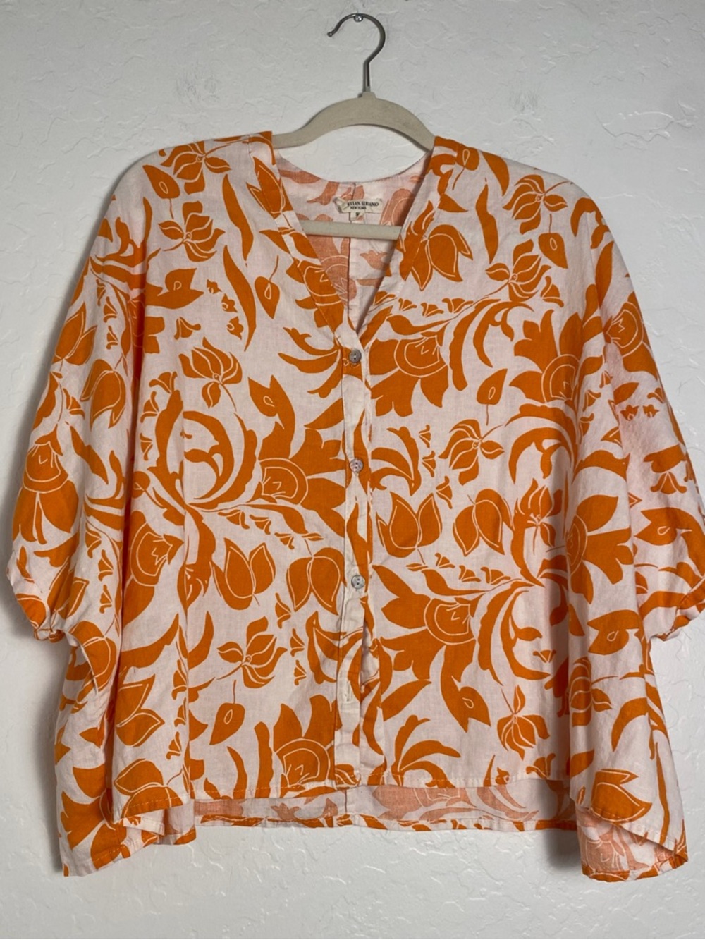 Christian Siriano Women Sz S Linen Blend Blouse Orange/White Leaf Pattern